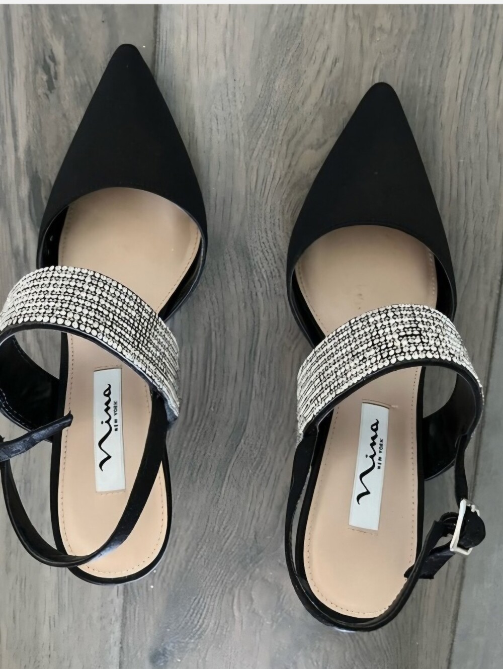 Nina Black Pointed Toe Slingback Heels w/Crystal-Embellished Strap